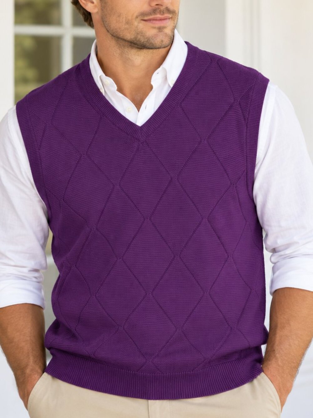 NWT  Chaps Sweater Vest Purple Argyle Knit Golf Preppy Size XL